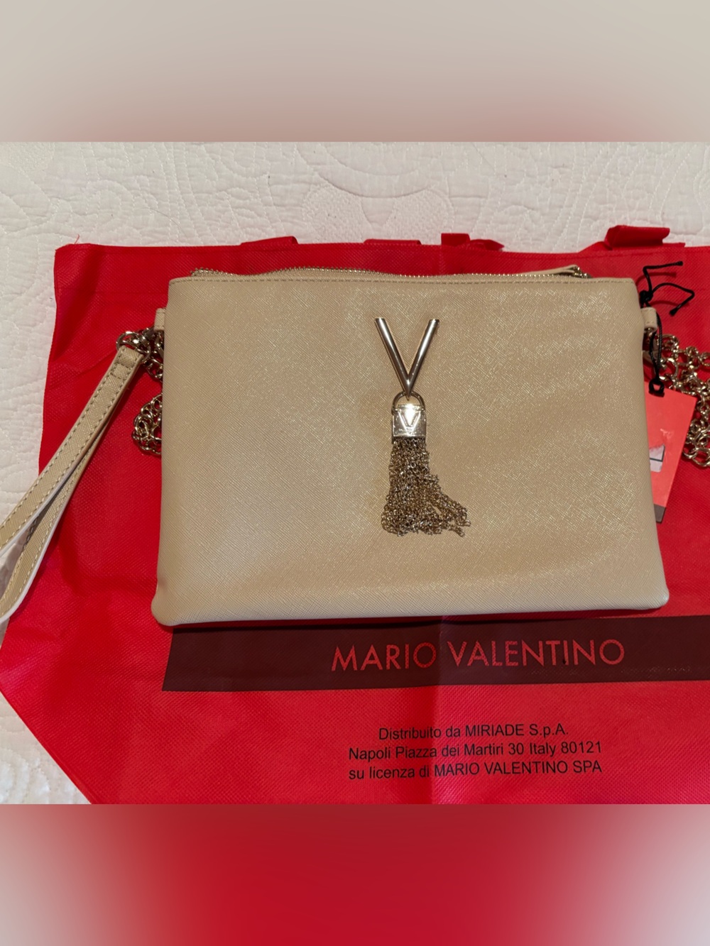 Mario Valentino Cream Leather Crossbody with Gold Tassel